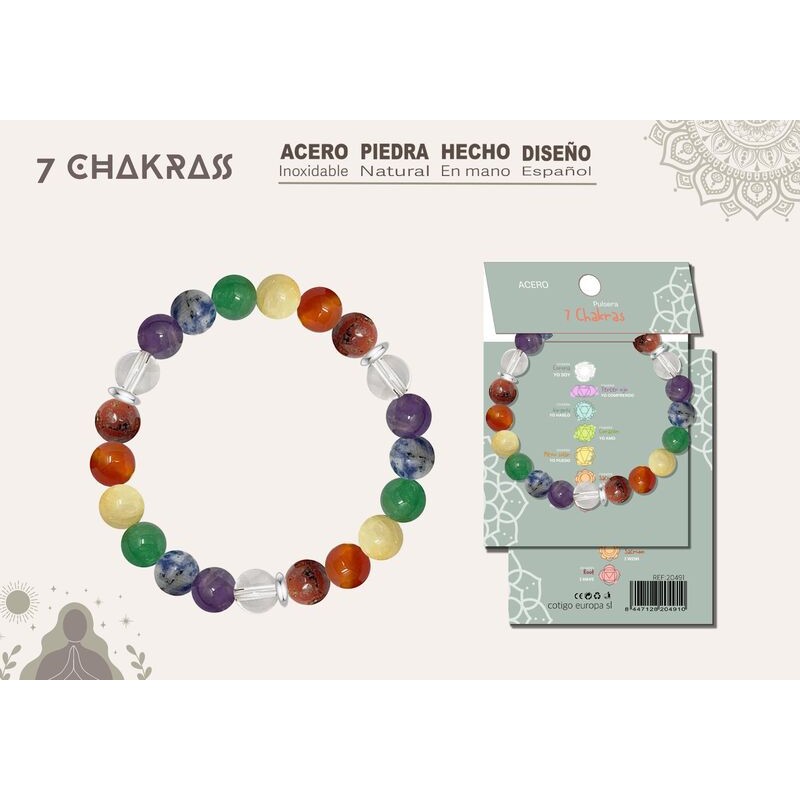 Pulsera 7 Chakras con Piedras Naturales 8 mm y Acero Plateado (P2) ·